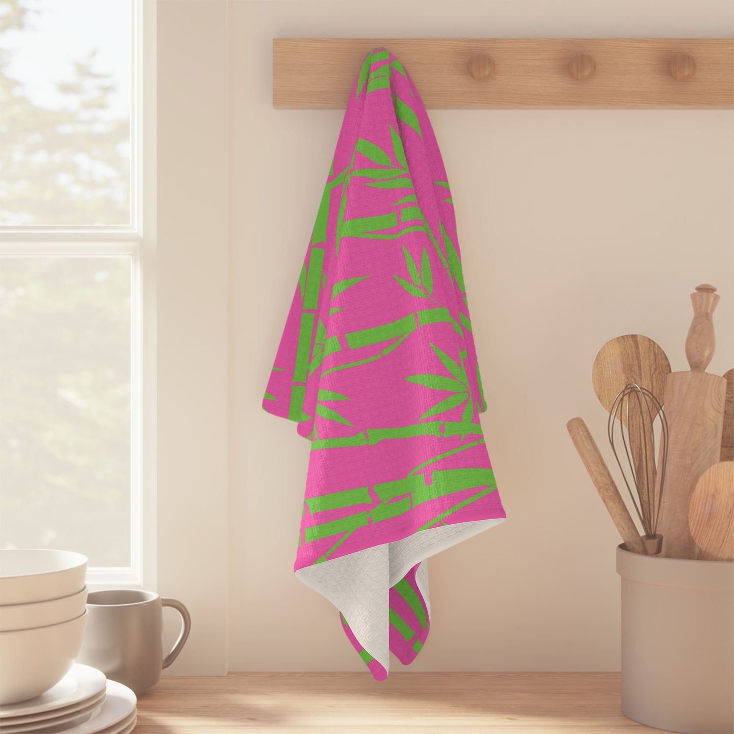 Bamboo Zen Meditation Garden Hot Pink Lime Green Kitchen Decorative Waffle Microfiber Tea Towel/Bar Towel