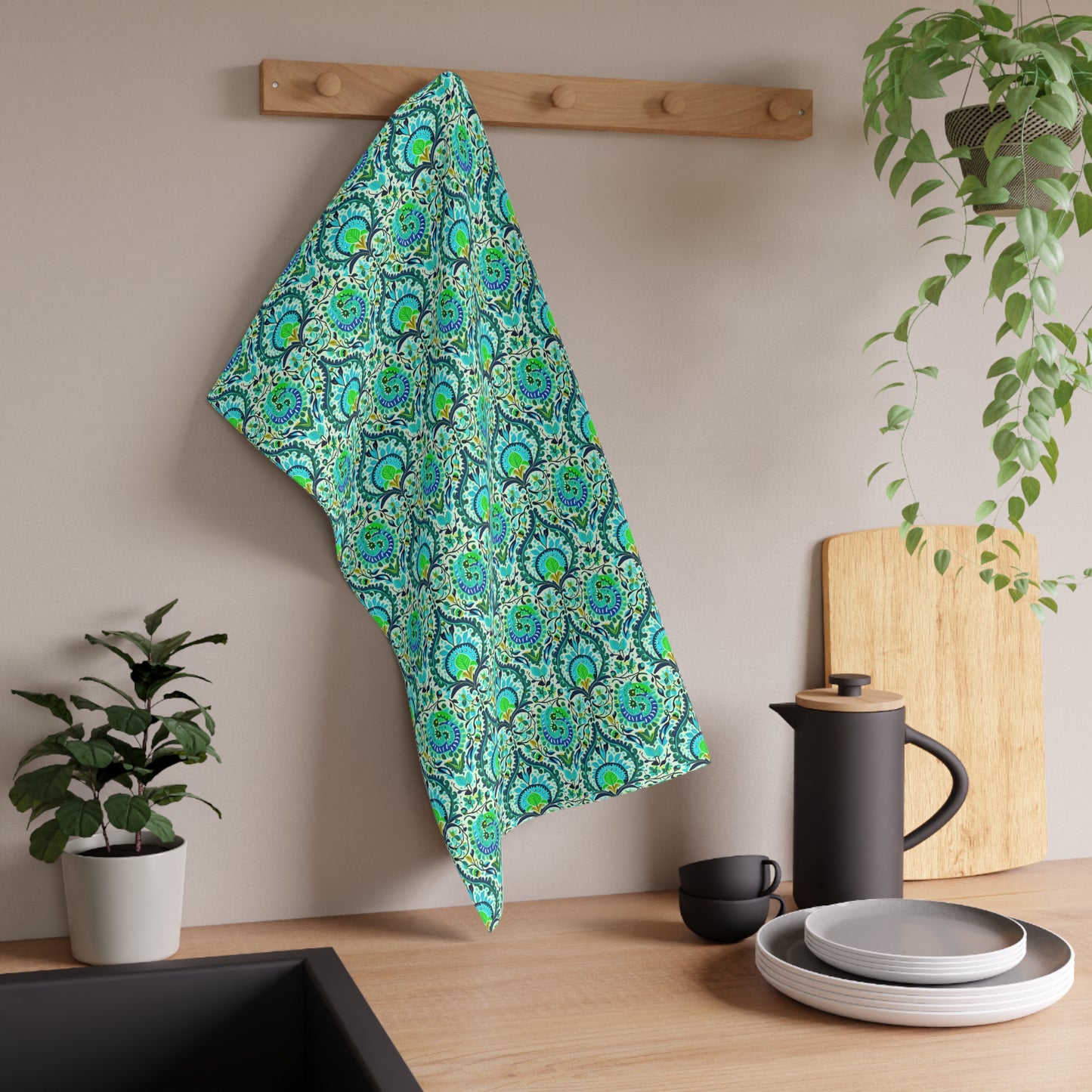 Suzani Tribal Pattern Blue and Green Bohemian Kitchen Tea Towel / Bar Towel