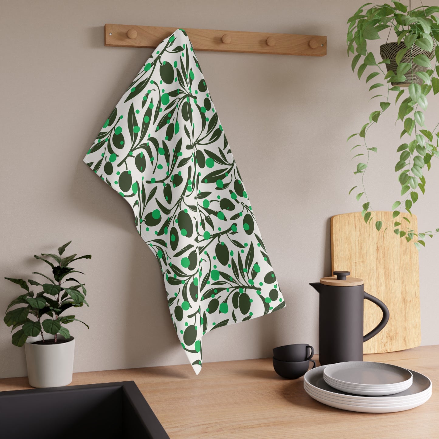 Olive Branches Midcentury Modern Black and Green Pattern Decorative Kitchen Tea Towel/Bar Towel