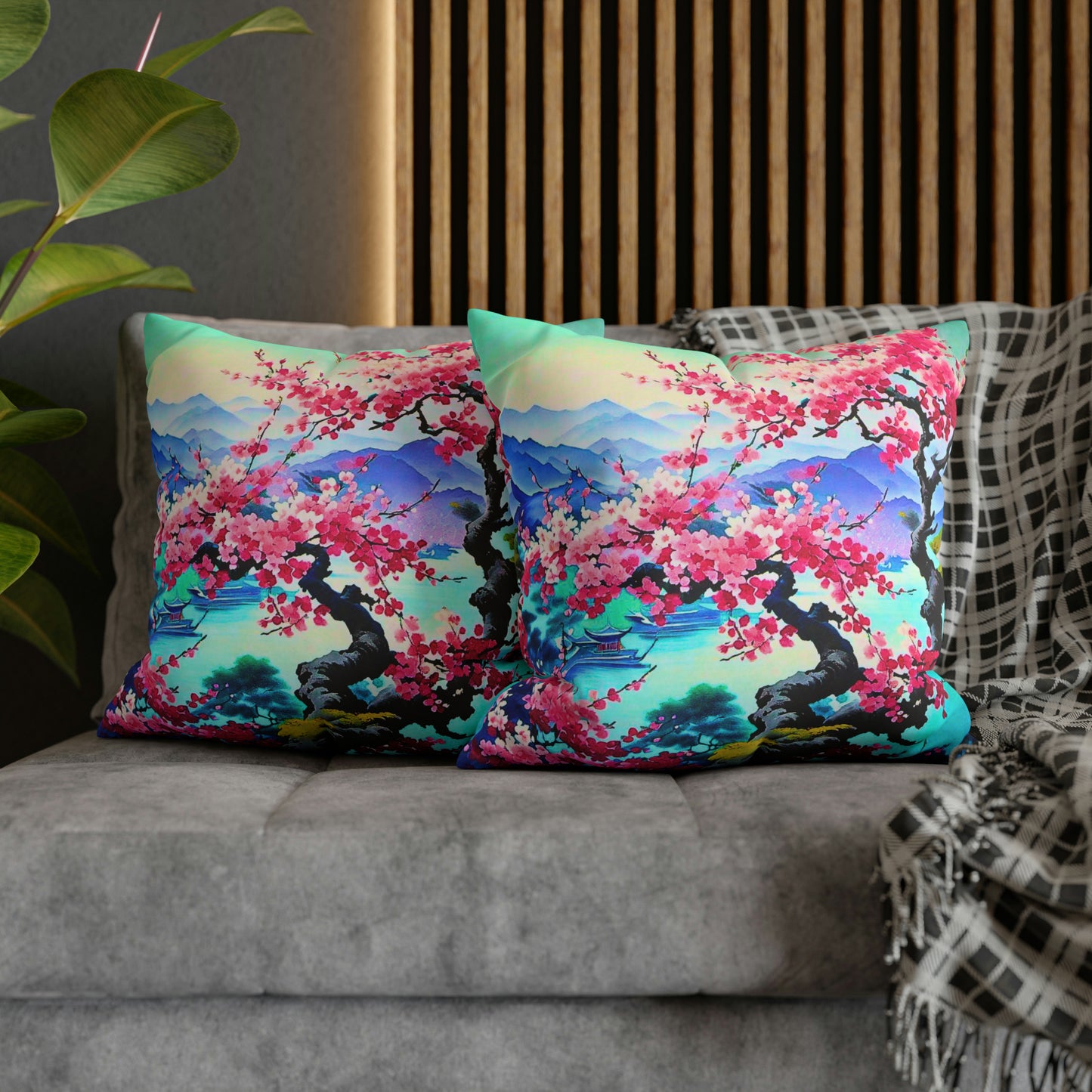 Japanese Mist Cherry Blossom Tree Dream Landscape Decorative Spun Polyester Pillow Cover