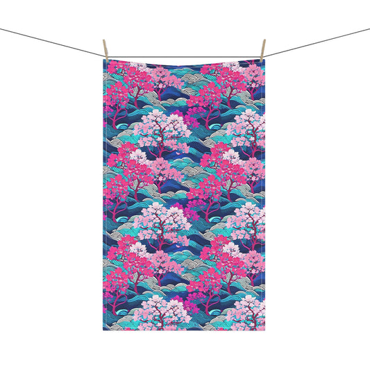 Kyoto Cherry Blossom Wood Block Pattern Japanese Home Decorative Kitchen Tea Towel/Bar Towel
