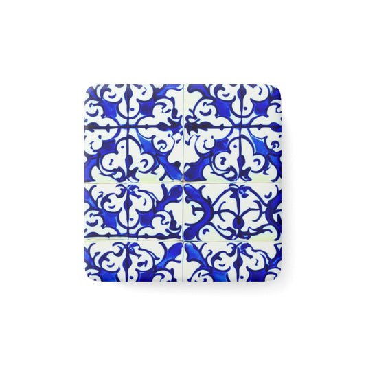 Blue and White Iron Gate Pattern Vintage Portugal Decorative Refrigerator Kitchen Porcelain Magnet, Square