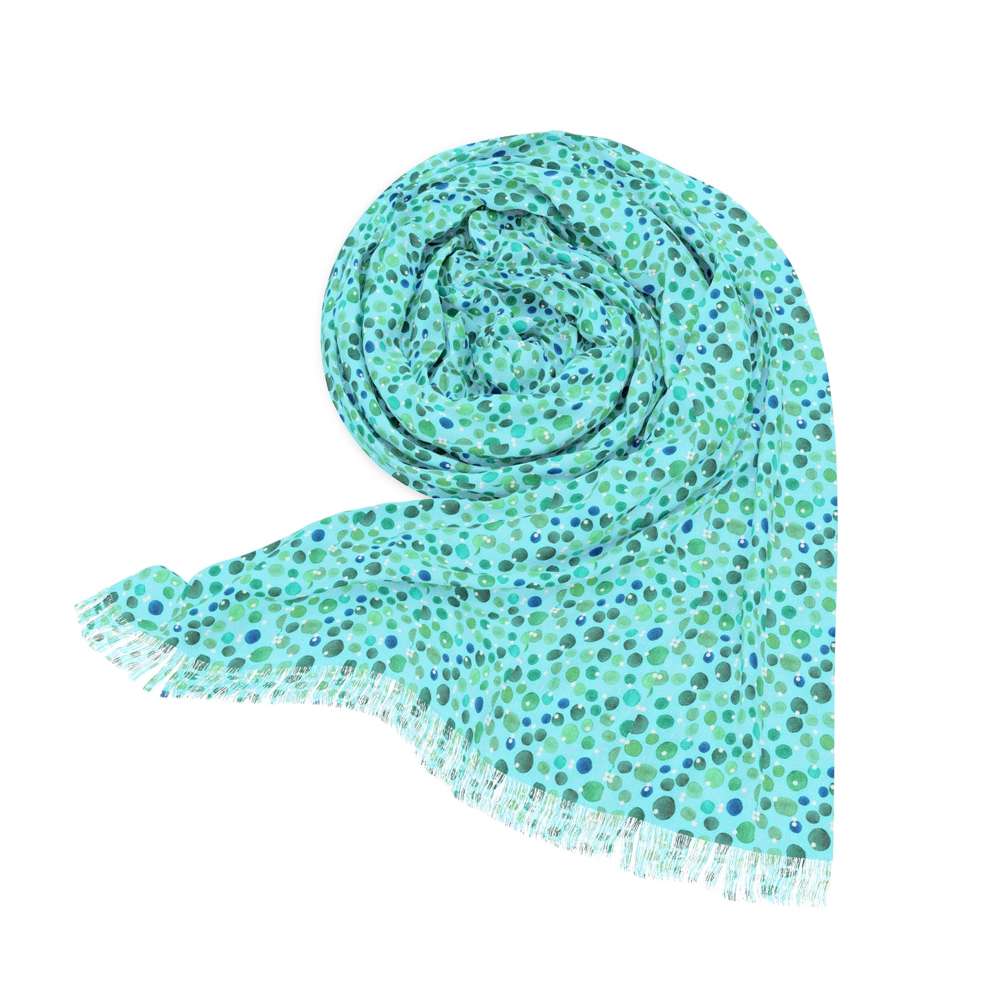 Blue and Green Scattered Watercolor Polka Dots Fashion Light Scarf with Fringe