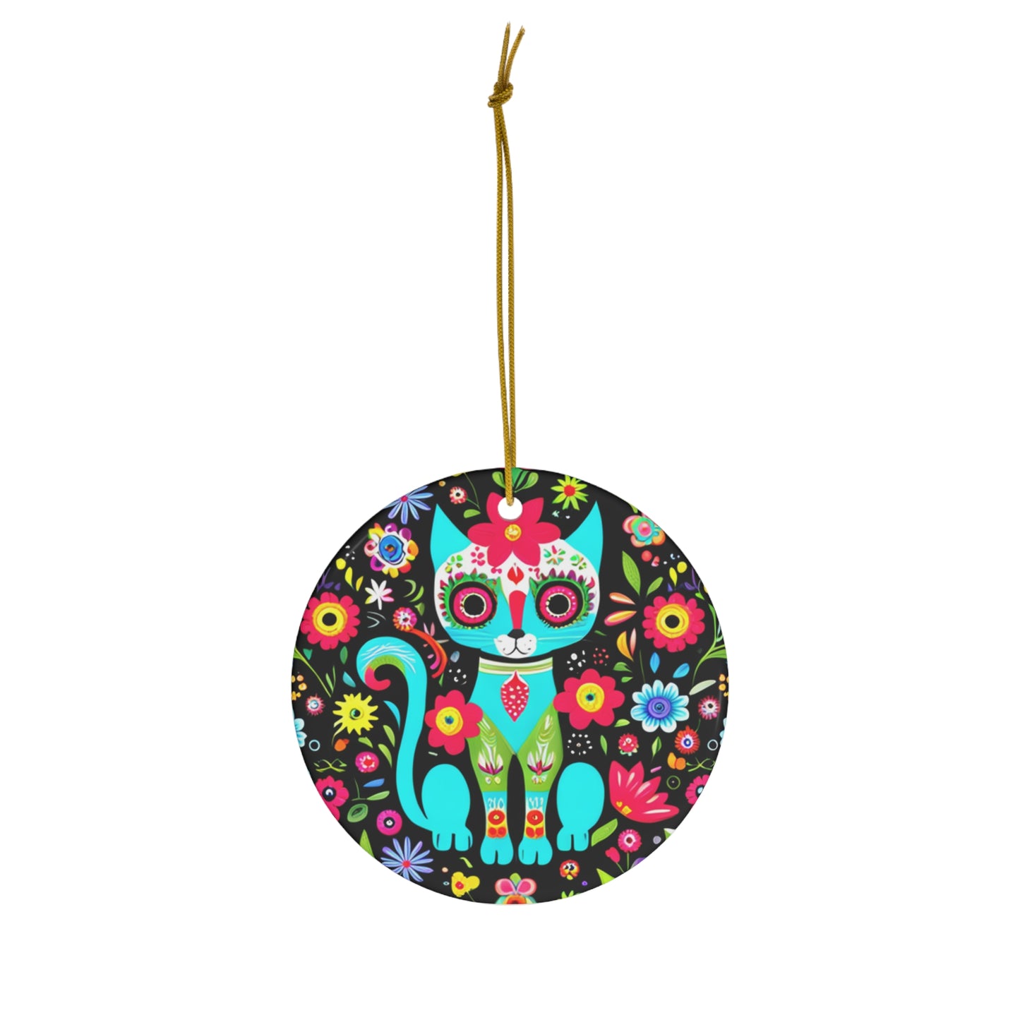 Festive Dia de los Muertos Kitty Cat Ceramic Ornament