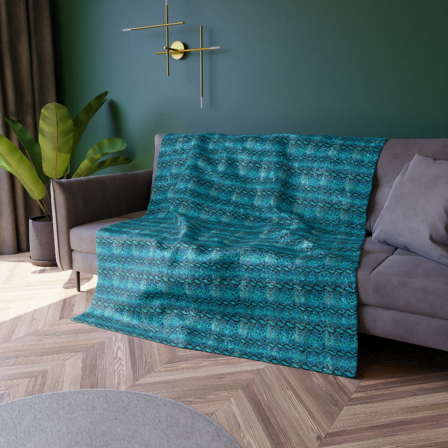 Turquoise Snakeskin Pattern Designer Collection Warm Cozy Lounge Shimmer Crushed Velvet Blanket