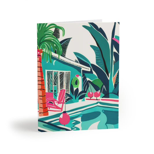 Miami Winter Poolside Midcentury Modern Palm Trees Tropical Flowers Art Note Greeting Cards (8 pcs)