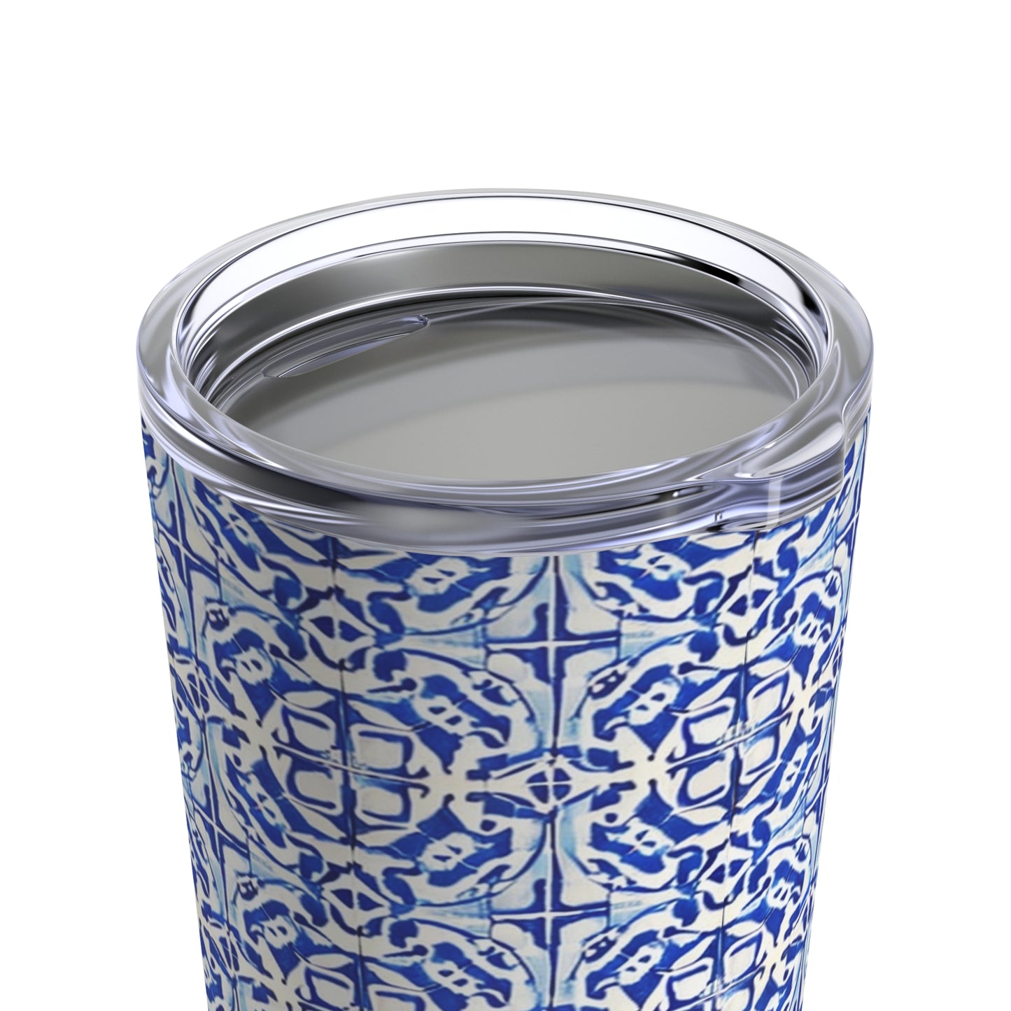 Delft Antique Blue and White Geometric Pattern Tile Hot and Cold Beverage Travel Tumbler 20oz