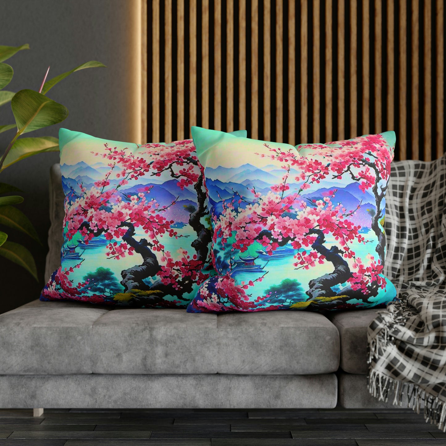 Japanese Mist Cherry Blossom Tree Dream Landscape Decorative Spun Polyester Pillow Cover