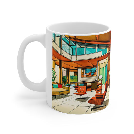 Atrium Sunroom Midcentury Modern Architect Interior Designer Rendering Turquoise Hot Beverage Coffee Tea Chia Ceramic Mug 11oz