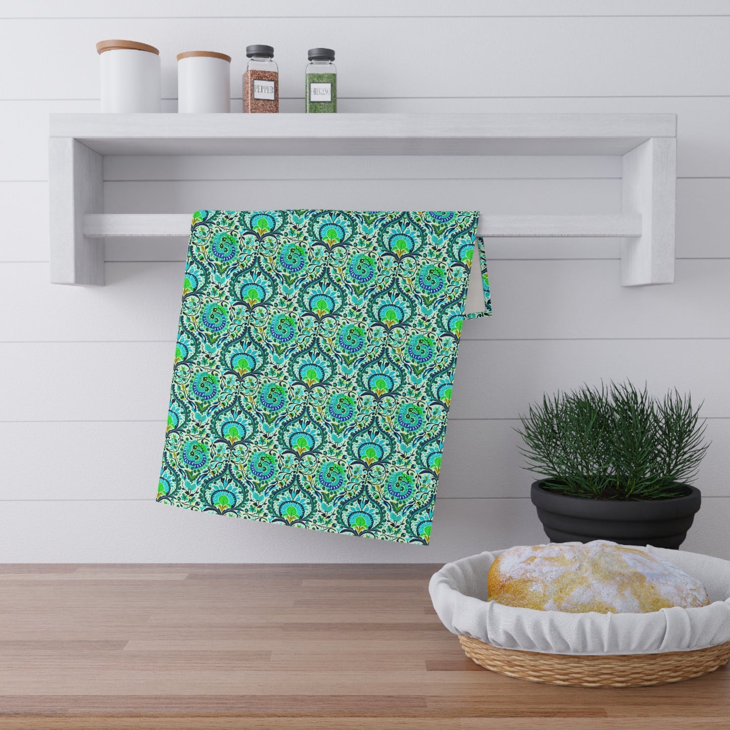 Suzani Tribal Pattern Blue and Green Bohemian Kitchen Tea Towel / Bar Towel