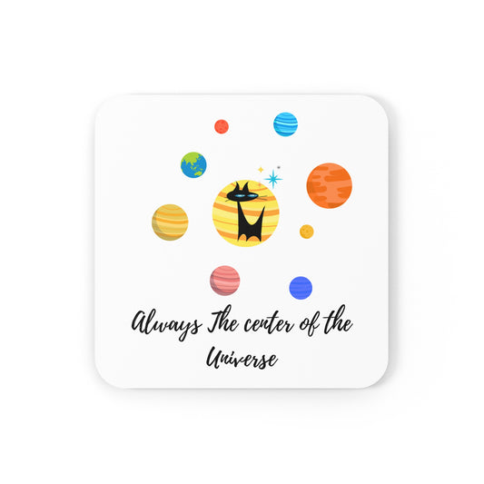 Always the Center of the Universe Midcentury Modern Atomic Cat Planets Cocktail Beverage Entertaining Cork Coaster Set