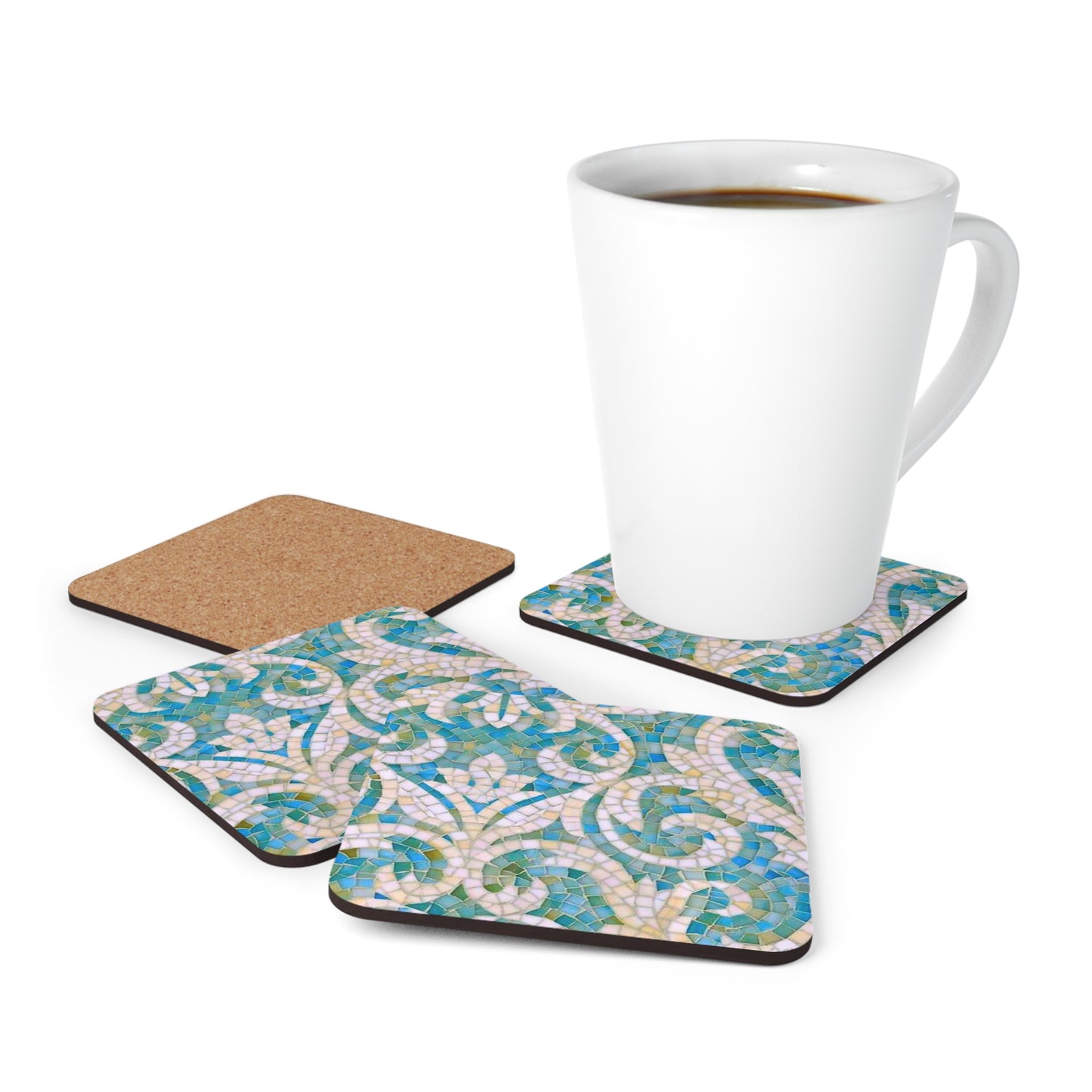 Aqua Mosaic Tile Inlay Cocktail Party Beverage Entertaining Corkwood Coaster Set