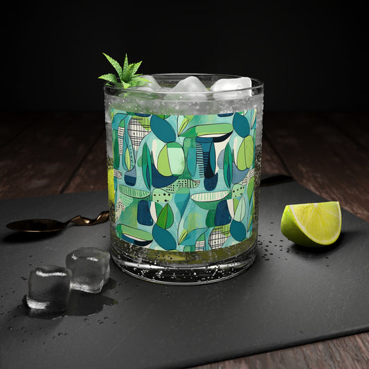 Cubist Midcentury Modern Garden Pattern Blue Green Cocktail Party Entertaining Highball Bar Glass