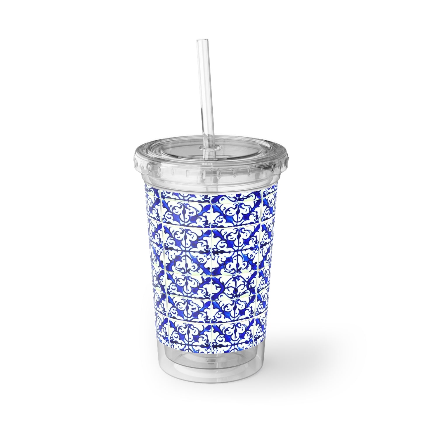 Blue and White Iron Gate Pattern Vintage Portugal Beverage Travel Suave Acrylic Cup