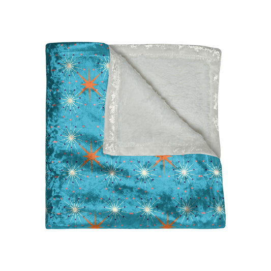 Midcentury Modern Atomic Stars Turquoise Pattern Decorative Warm Cozy Lounge Crushed Velvet Blanket