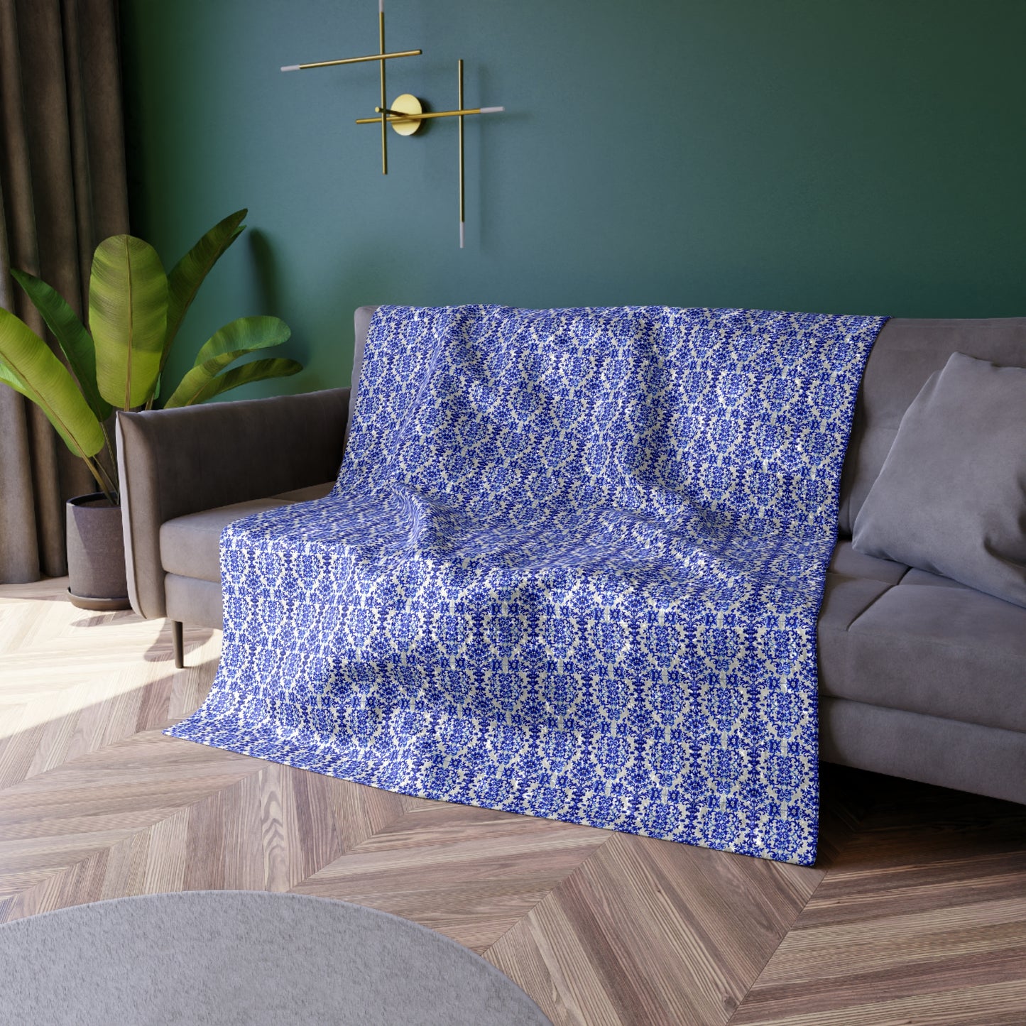 Portuguese Blue and White Tile Pattern Designer Global Collection Warm Cozy Lounge Shimmer Crushed Velvet Blanket