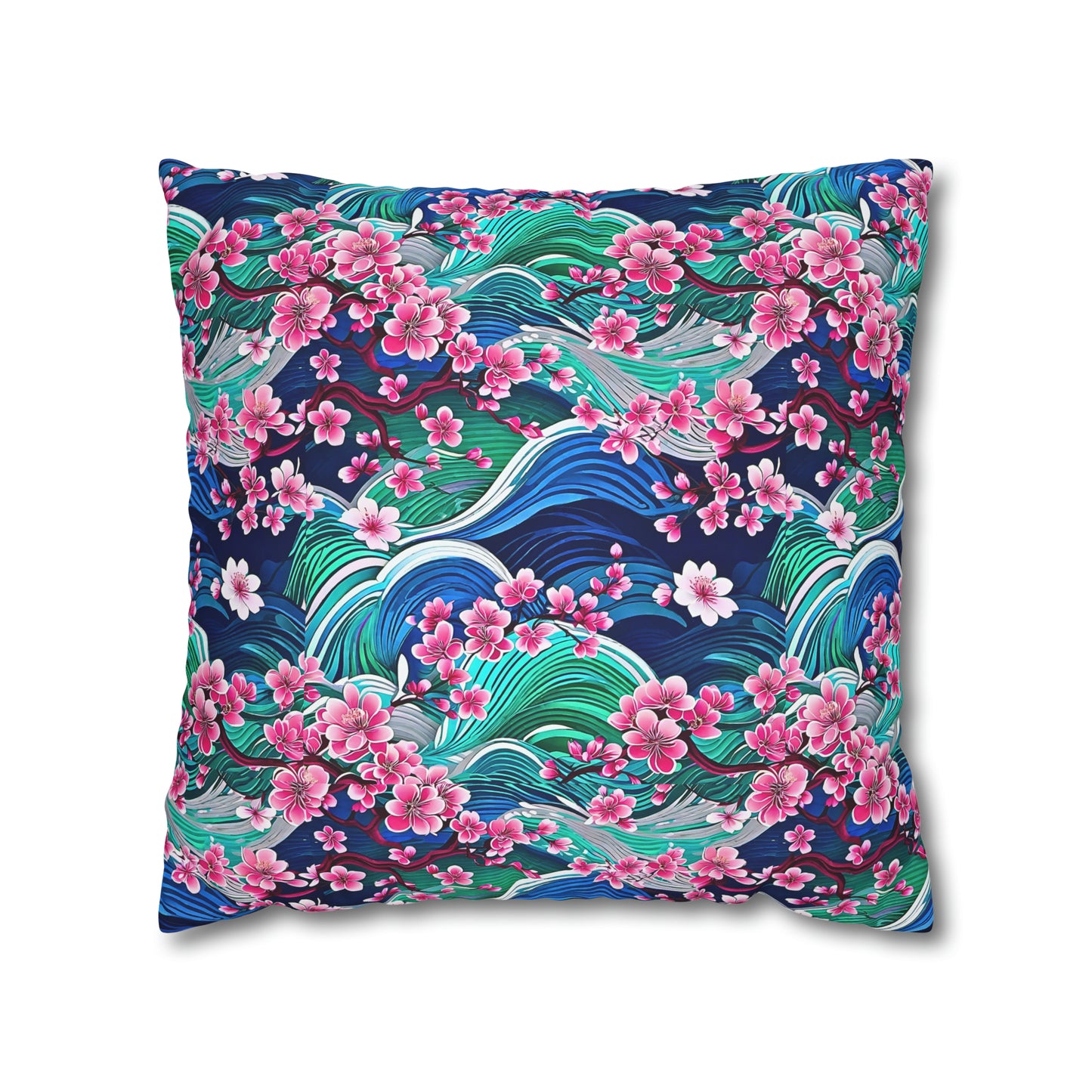 Japanese Mountains Cherry Blossoms Woodblock Pattern Decorative Spun Polyester Pillow Cover