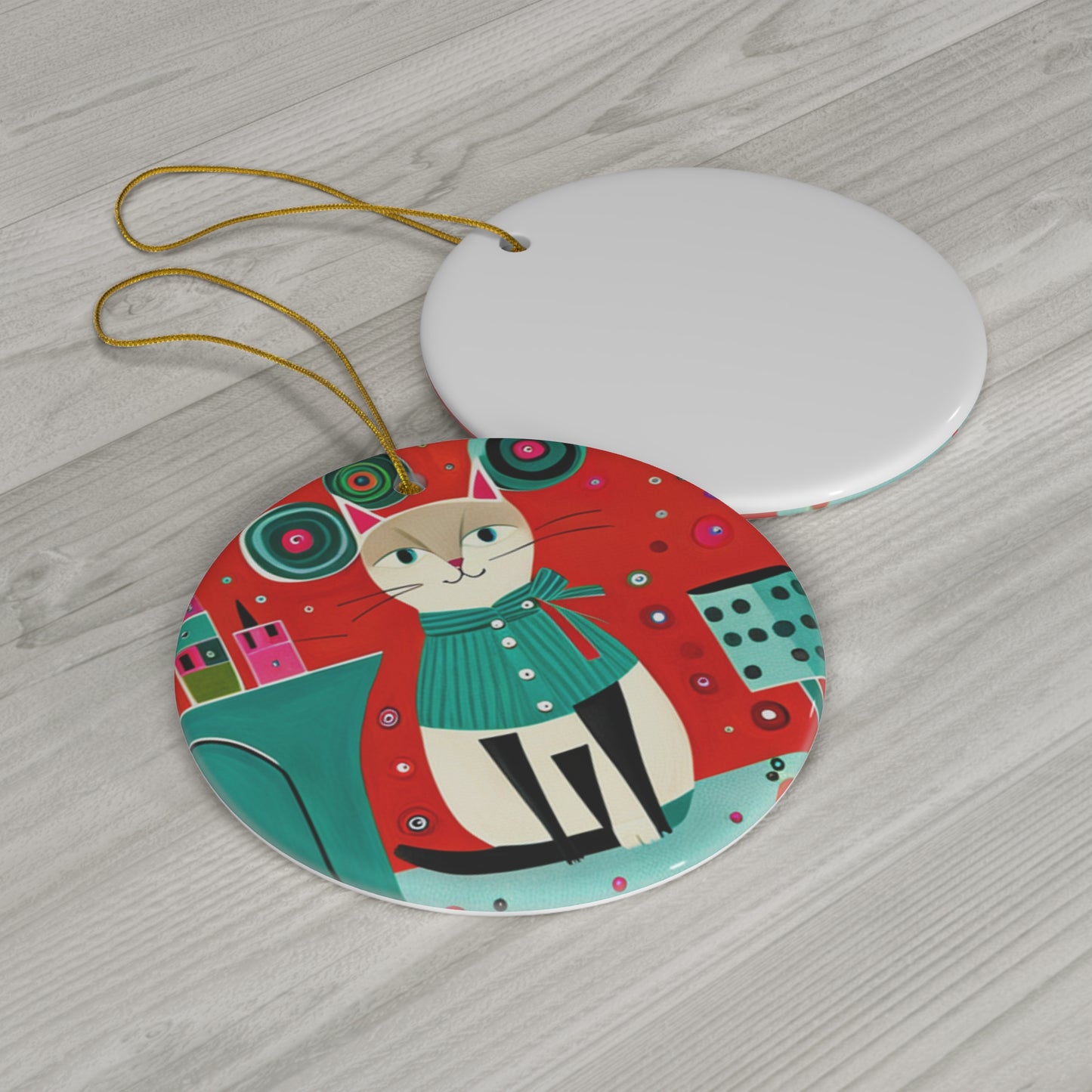 Holiday Siamese Cat Party Midcentury Modern Style Cat Lover Ceramic Ornament