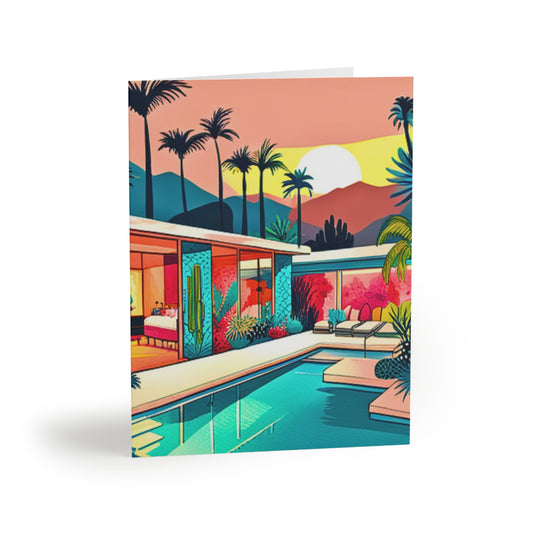 Palm Springs Patio Darling Cocktails Poolside Desert Palm Trees Cactus Midcentury Modern Note Greeting Cards (8pcs)