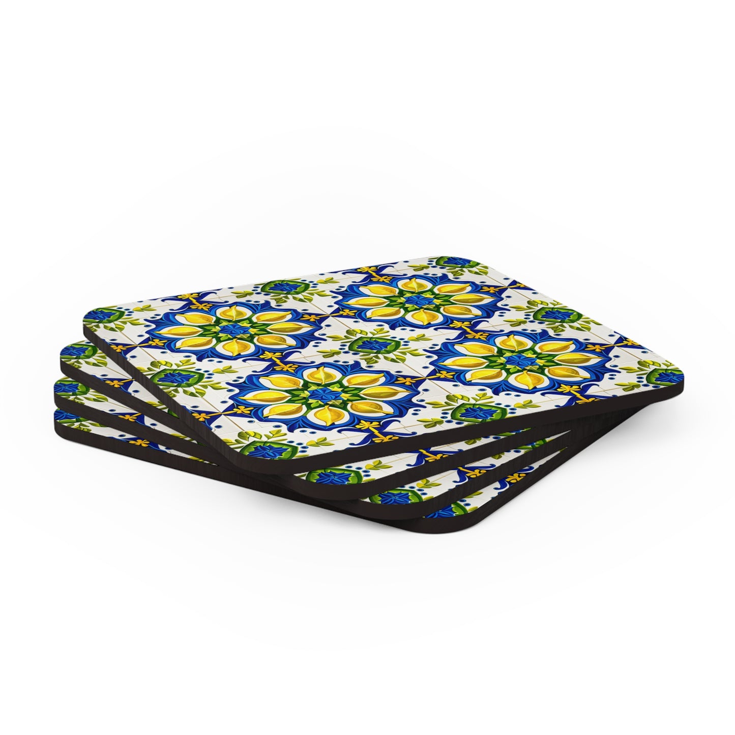 Island of Capri Limone Italian Durata Tile Pattern Cocktail Beverage Entertaining Home Corkwood Coaster Set