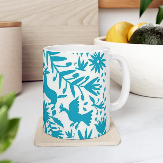 Turquoise Folk Hot Beverage Coffee Tea Decorative Ceramic Mug 11oz