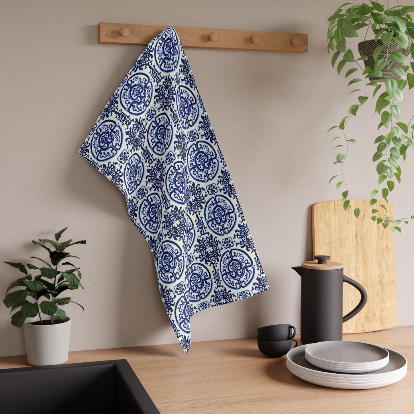 Chinese Symbol Decorative Pattern Ming Dynasty Blue and White Decorative Kitchen Tea Towel/Bar Towel
