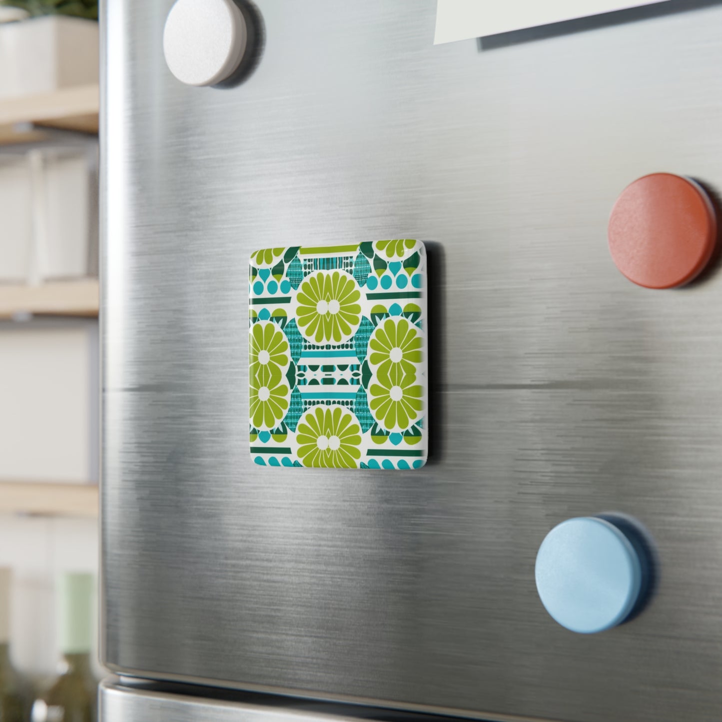 Coffee Klatch Midcentury Modern Aqua Citrus Pattern Kitchen Refrigerator Decorative Porcelain Magnet, Square