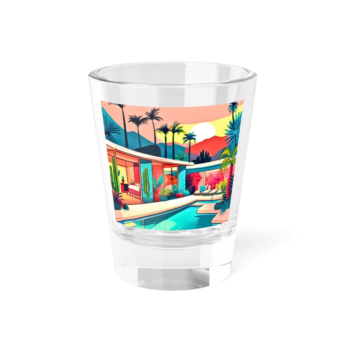 Palm Springs Patio Darling  Cocktails Poolside Desert Palm Trees Cactus Midcentury Modern Shot Glass, 1.5oz