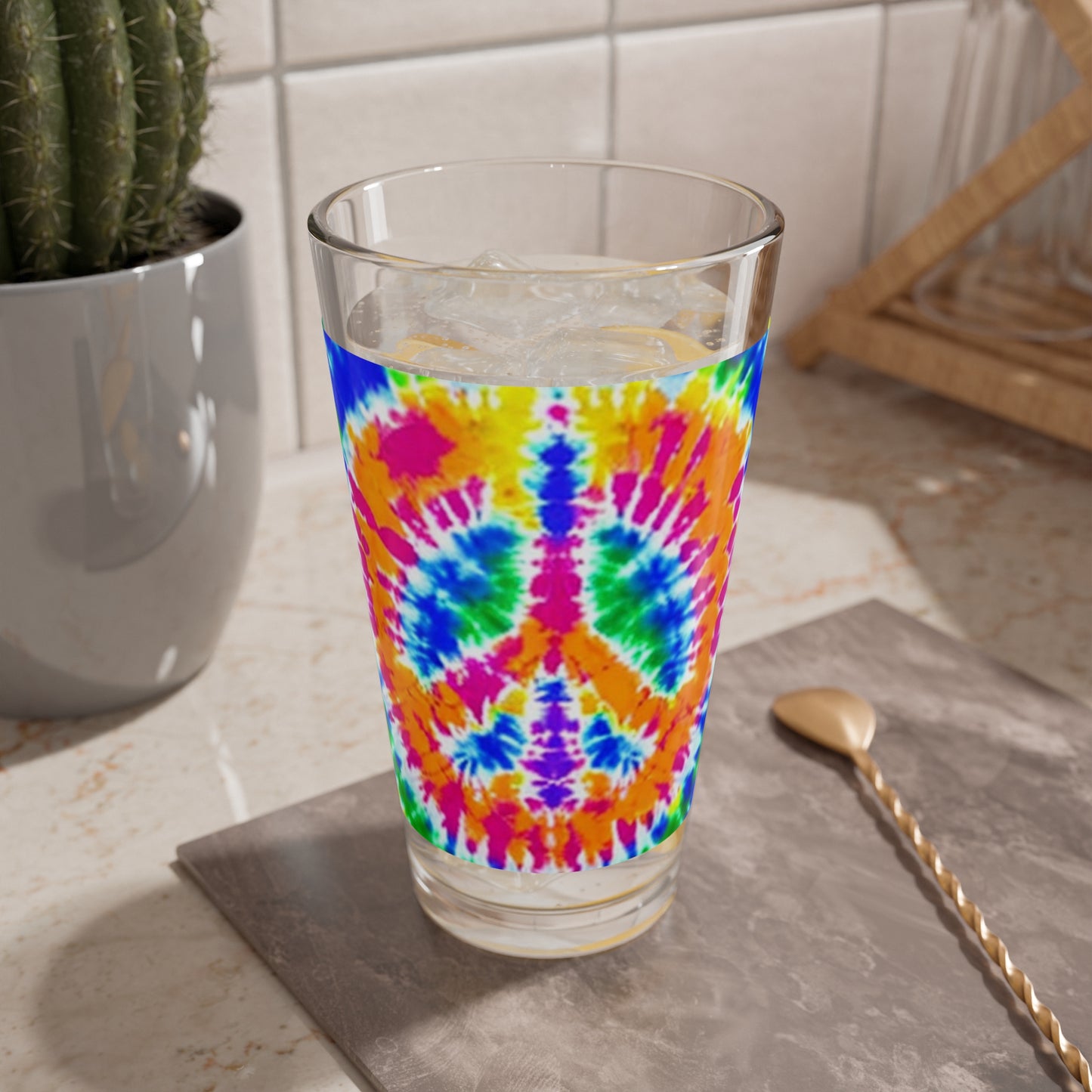 Tie Dye Peace Symbol Vintage 1960s Multi Colored New Hippie Style Cocktail Party Beverage Entertaining Mixing Glass, 16oz