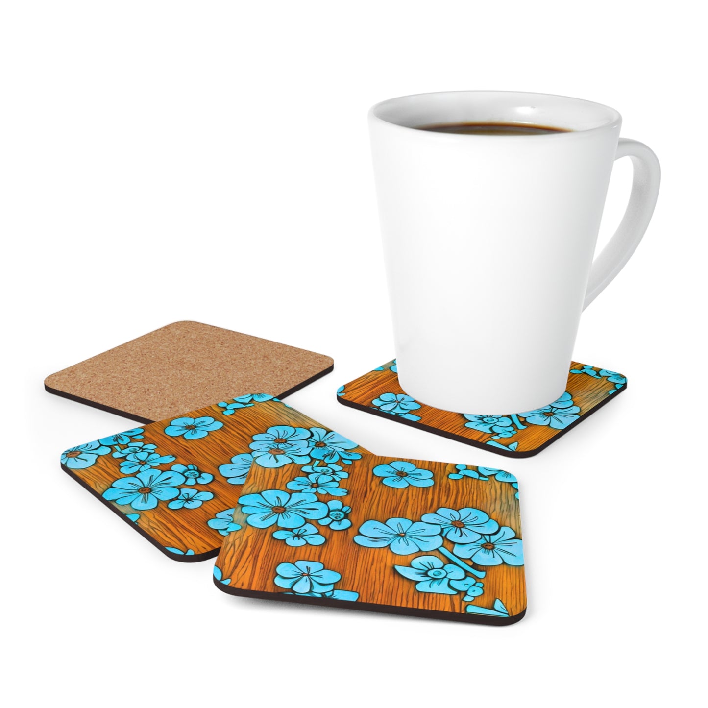 Hibiscus Teak Board Tiki Midcentury Modern Pattern Cocktail Party Beverage Entertaining Corkwood Coaster Set