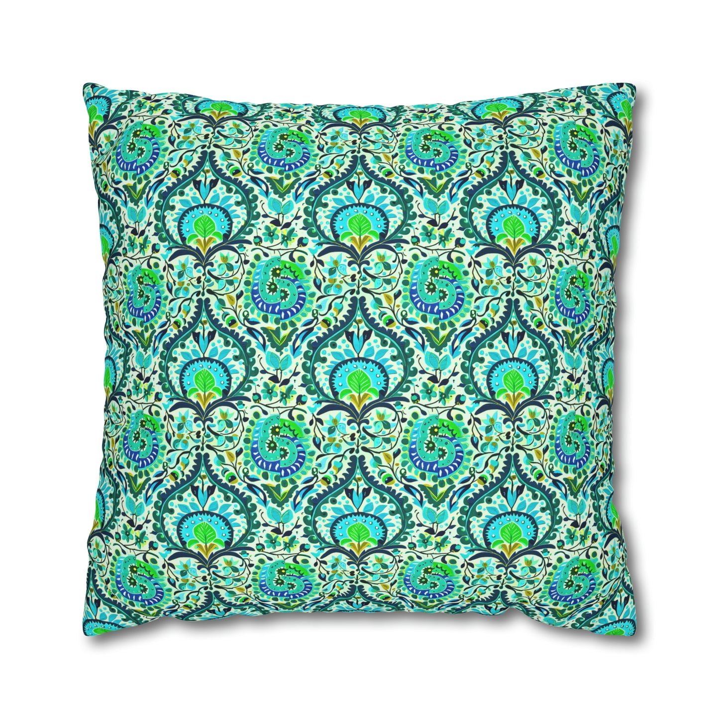 Suzani Tribal Pattern Blue and Green Bohemian Decorative Spun Polyester Pillow Cover