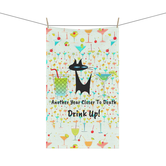 Another Year Closer to Death Drink Up! Midcentury Modern Atomic Black Cat Cocktails Pattern Decorative  Kitchen Tea Towel/Bar Towel