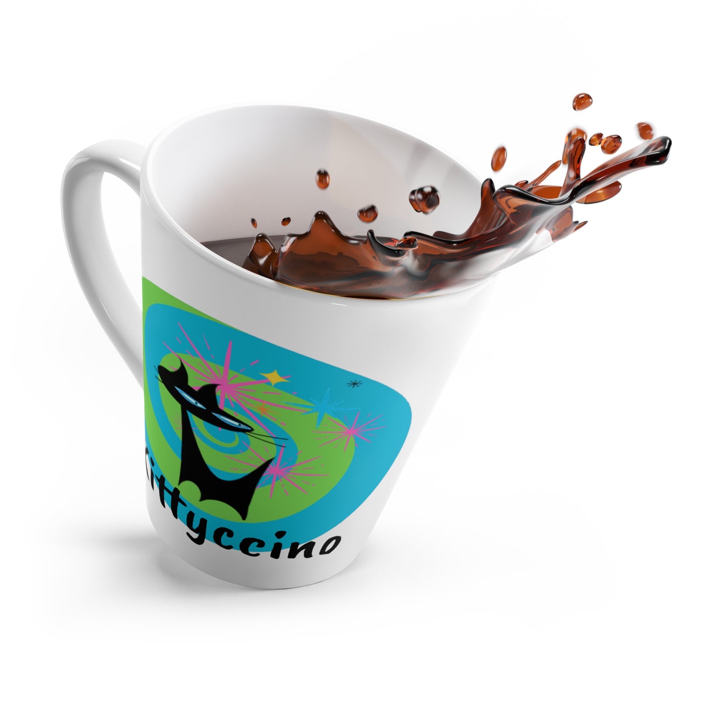 Kittyccino Midcentury Modern Atomic Black Cat Cappuccino Hot Beverage Tea Latte Mug