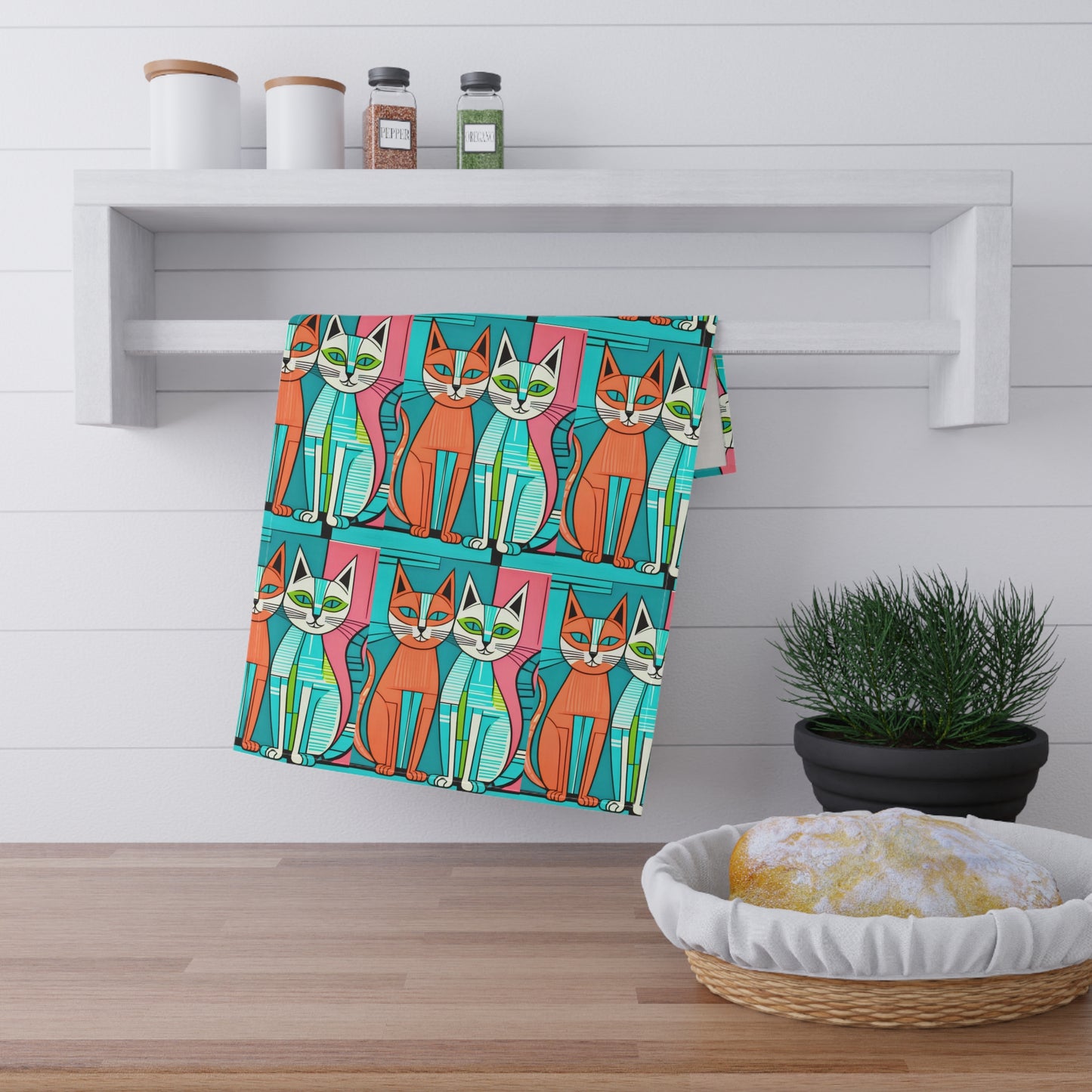 Cubist Cats Midcentury Modern Decorative Kitchen Tea Towel/Bar Towel