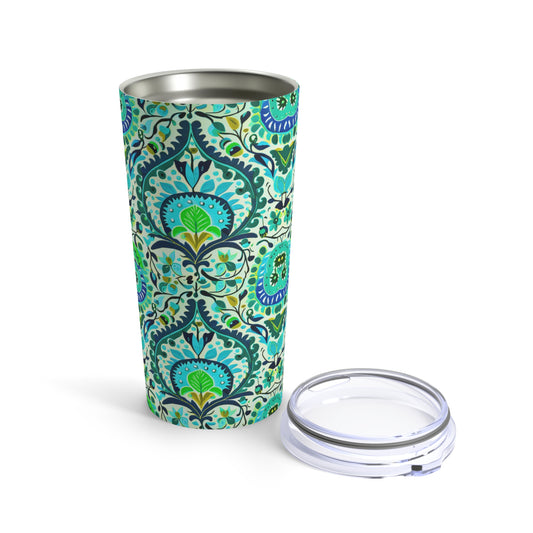 Suzani Tribal Pattern Blue and Green Bohemian Decorative Hot Cold Beverages Travel Tumbler 20oz