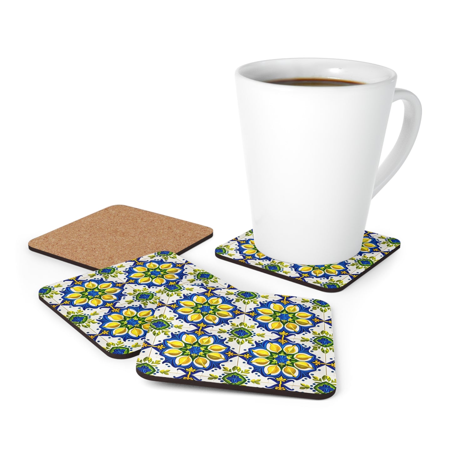 Island of Capri Limone Italian Durata Tile Pattern Cocktail Beverage Entertaining Home Corkwood Coaster Set