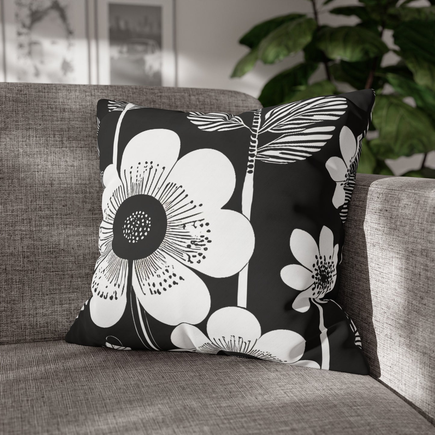 Black and White Poppies Mod Pop Art Decorative Spun Polyester Pillow Cover