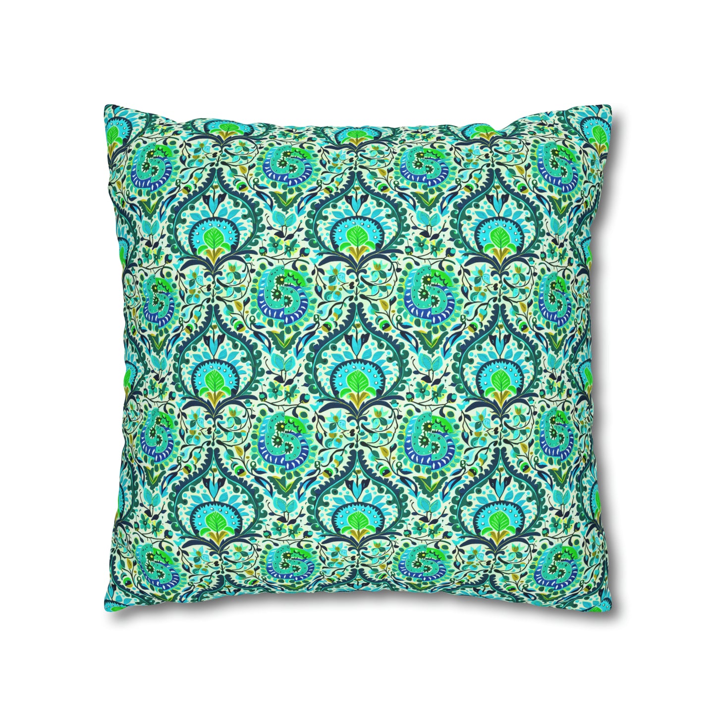 Suzani Tribal Pattern Blue and Green Bohemian Decorative Spun Polyester Pillow Cover