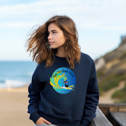 Ride the Snark Wave Surfing Ocean Waves Surfboard Hang Ten Summertime Youth Crewneck Sweatshirt